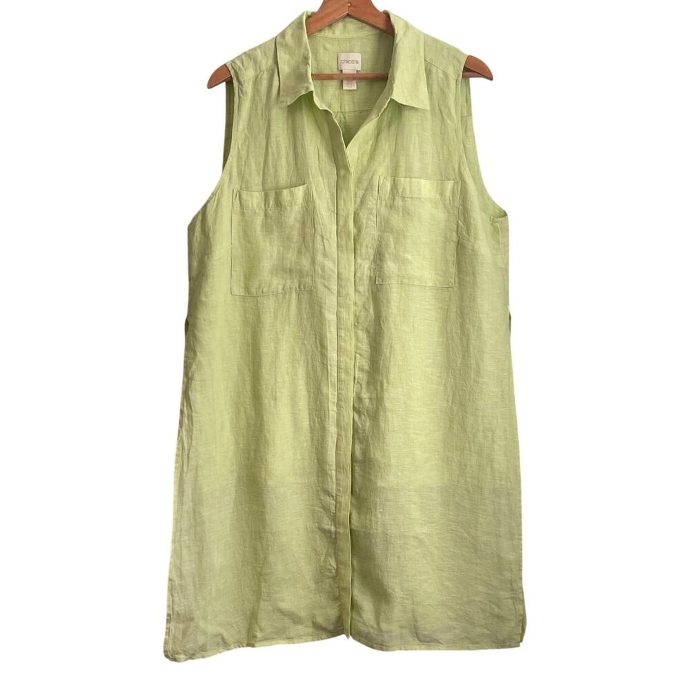 Chicos Womens 100% Linen Shirt Dress Size 2 Green Minimalist Coastal Resort